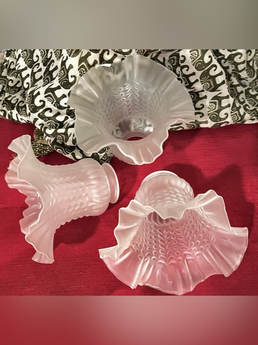 Set of 3 Antique Consolidated Glass Beaded Drape Satin Shades Ground Rim 2.25”